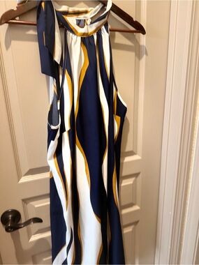 Halter Navy, White & Gold Wave-Print Dress